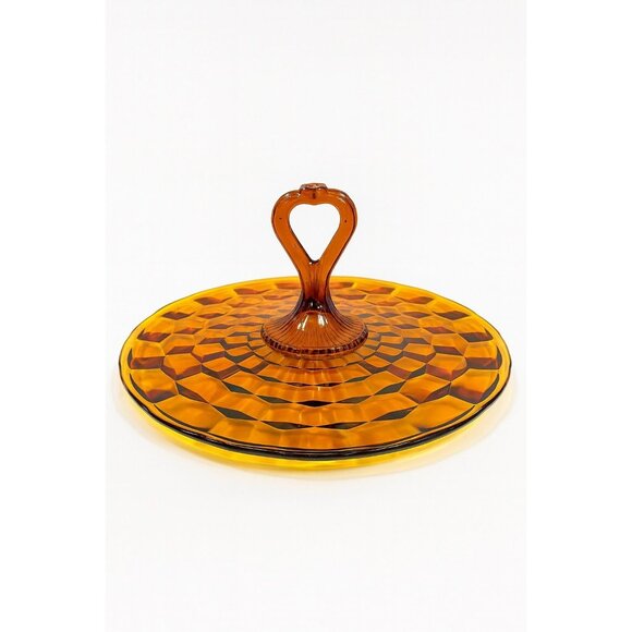 Amber Serving Tray With Handle | Indiana Colony Cubist Bube Diamond Pattern 12" - Picture 1 of 16